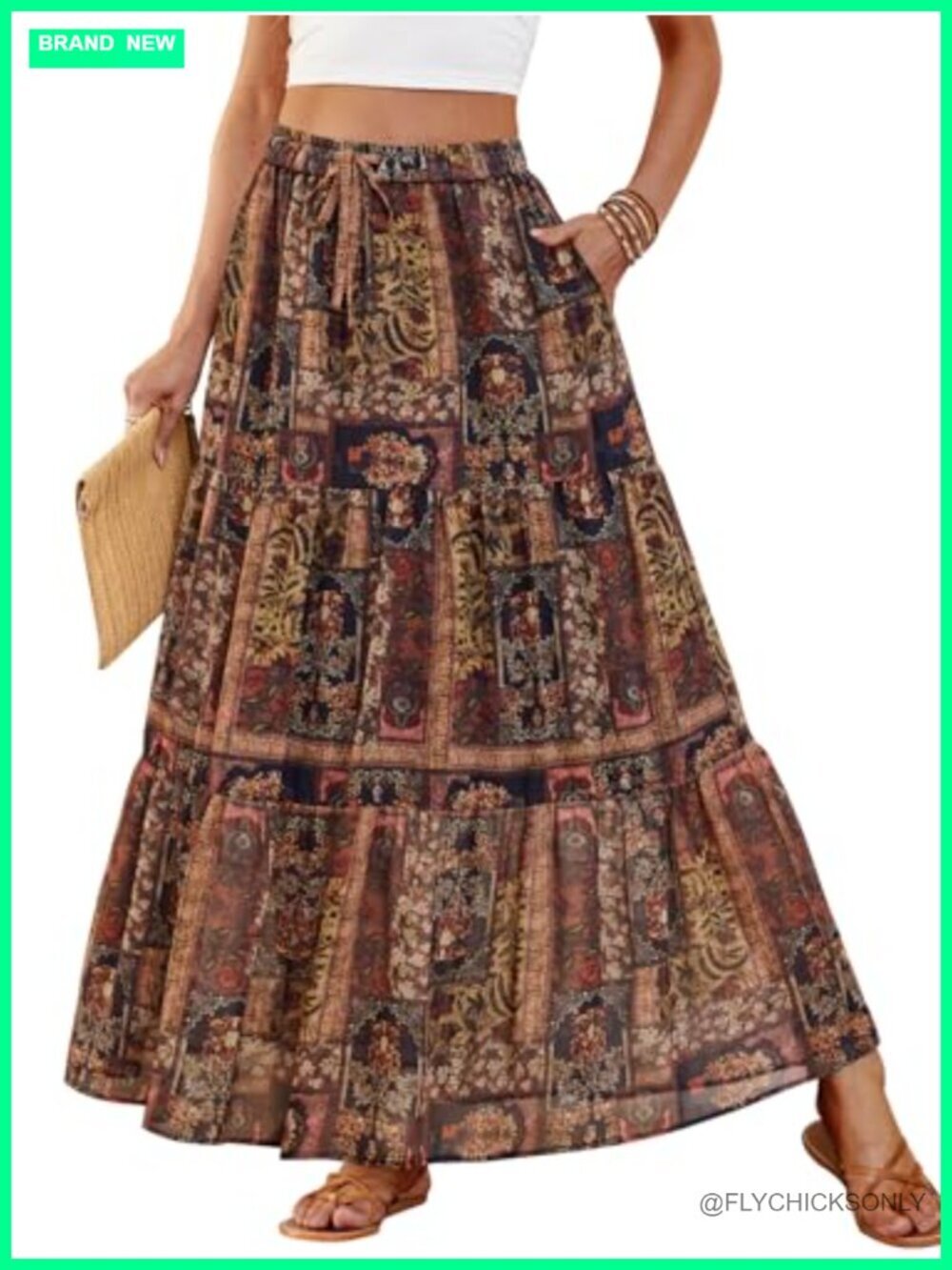Womens Boho Maxi Skirt Chiffon Flowy A-Line Tiered Casual Long Skirt with